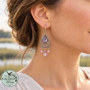 925 Sterling Silver Amethyst Pink Crystal Filigree Chandelier Earrings 2.7 in